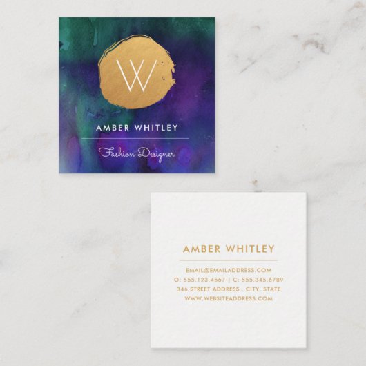 水彩金フェイク箔円 |ティール（緑がかった色）紫 スクエア名刺 (正面/裏面)