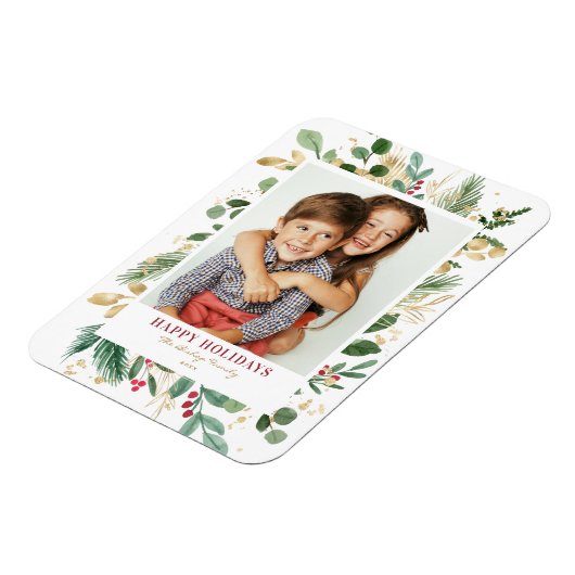 水彩金箔の緑とホリー写真 マグネット (左側)