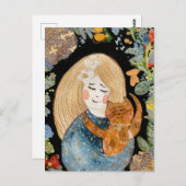 水彩金髪の女の子で生姜の猫を花で飾る ポストカード (正面/裏面)