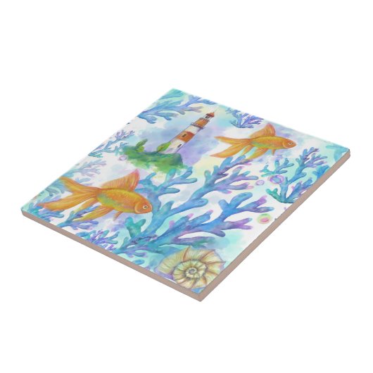 水彩金魚と珊瑚 タイル (側面)