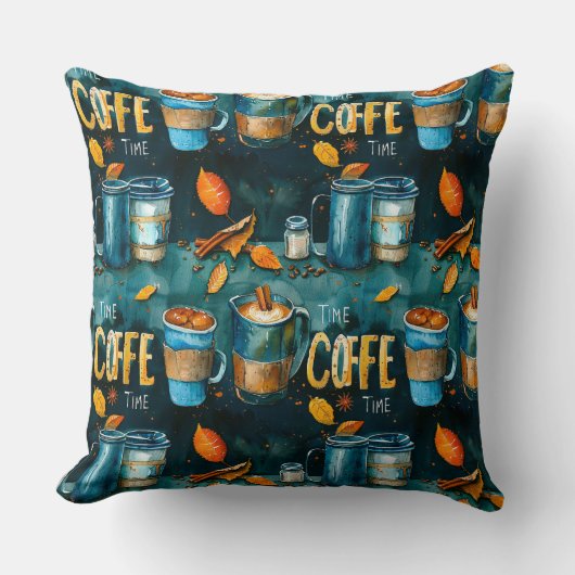 水彩鉛筆インクコーヒーカップ,ポット,シナモン, クッション (正面)