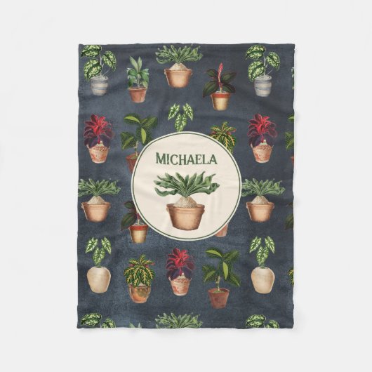 水彩鉢植えパタ素朴ーン黒名 フリースブランケット (正面)