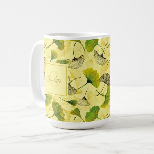 水彩銀杏ビロバ葉ス植物模様 コーヒーマグカップ (正面左)