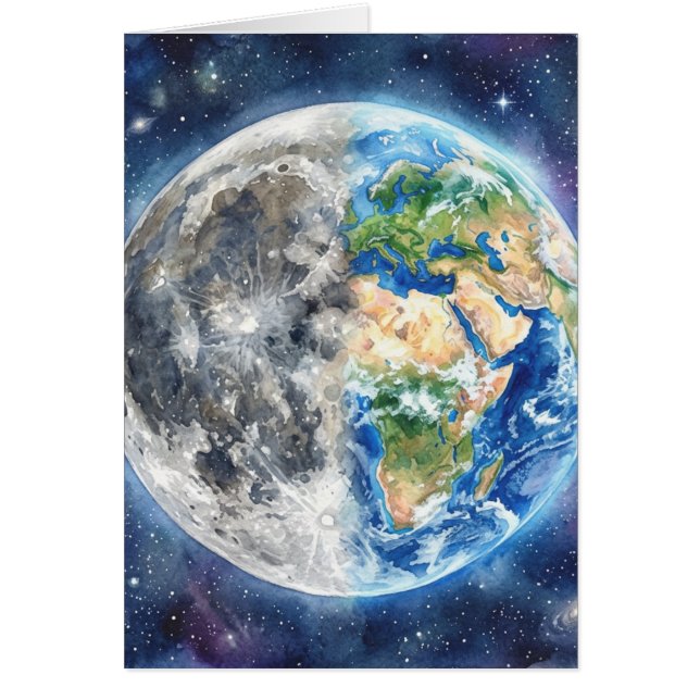 水彩銀河の天体デザイン - 地球と月 (正面)