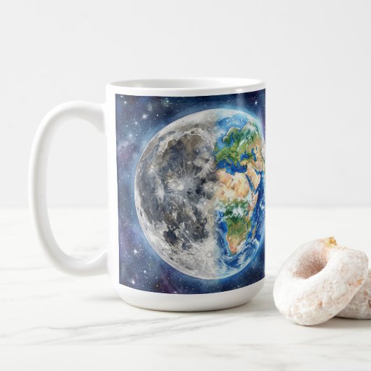 水彩銀河の天体デザイン - 地球と月 コーヒーマグカップ (ドーナツ)