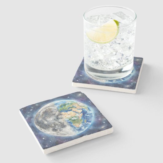 水彩銀河の天体デザイン - 地球と月 ストーンコースター (横)