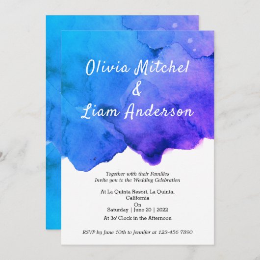 水彩銀河系ブルーとパープル結婚ズ 招待状 (正面/裏面)