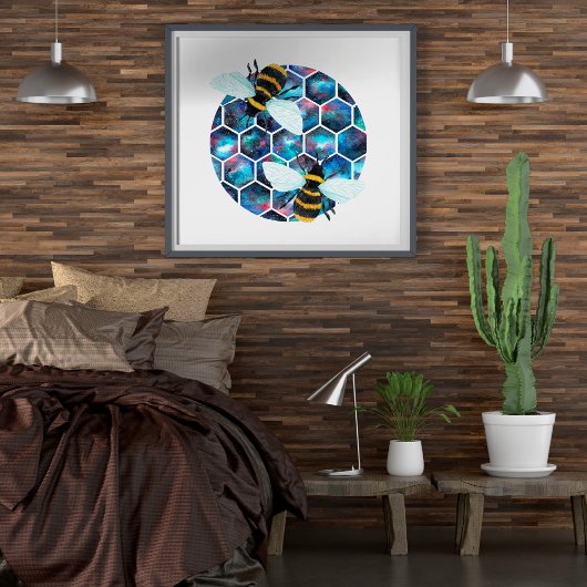 水彩銀河系六角パターン付き2ミツバチ ポスター