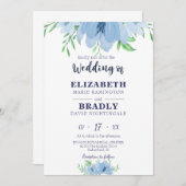 水彩開花グリーナリーダスティネイビーブルー結婚ズ 招待状 (正面/裏面)