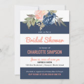 水彩開花ネイビーブルーストライプブライダルシャワー 招待状 (正面)