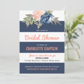 水彩開花ネイビーブルーストライプブライダルシャワー 招待状 (スタンド正面)