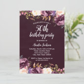 水彩開花パープルフローラ50th誕生日パーティー 招待状 (スタンド正面)