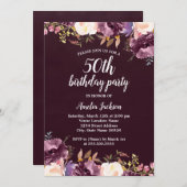 水彩開花パープルフローラ50th誕生日パーティー 招待状 (正面/裏面)