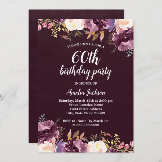 水彩開花パープルフローラ60th誕生日パーティー 招待状 (正面/裏面)