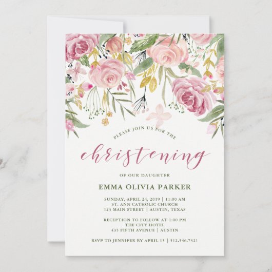 水彩開花ピンクと金ゴールドフローラ《キリスト教》洗礼式や命名式 招待状 (正面)