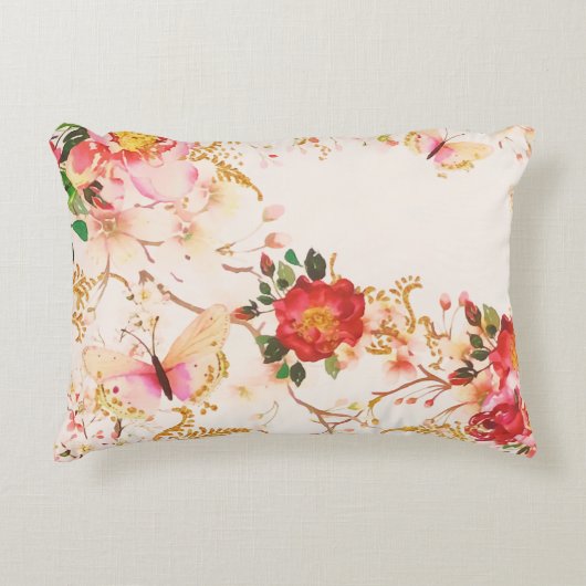 水彩開花フローラブッテフライ赤面グリッター アクセントクッション (正面)