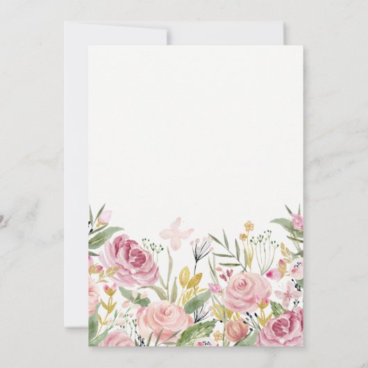 水彩開花 | ピンクと金ゴールドのフローラバプテスマ 招待状 (裏面)