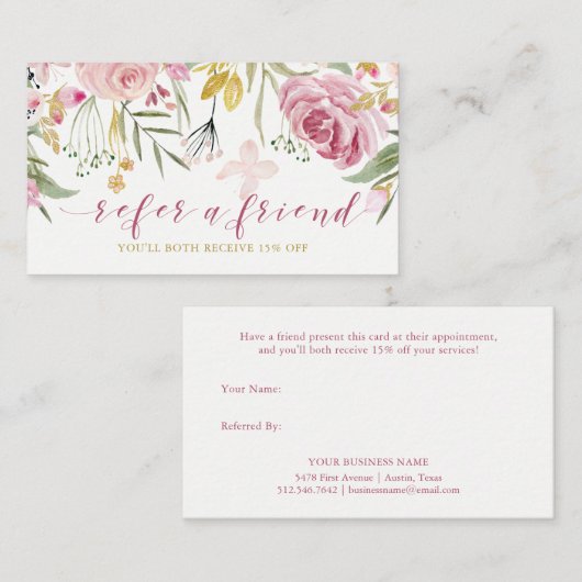 水彩開花|ピンクと金ゴールドのフローラ紹介 紹介カード (正面/裏面)