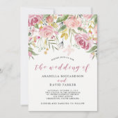 水彩開花|ピンクと金ゴールドフローラ結婚ズ 招待状 (正面)