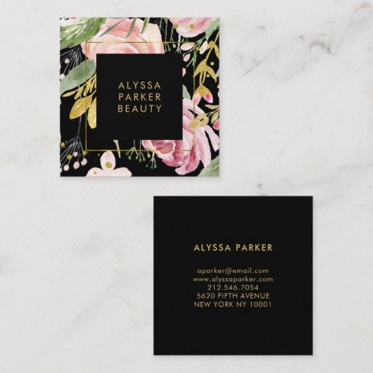 水彩開花|ピンクと金ゴールドフローラ（黒） スクエア名刺 (正面/裏面)