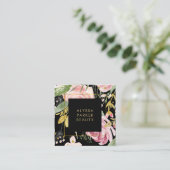 水彩開花|ピンクと金ゴールドフローラ（黒） スクエア名刺 (スタンド正面)