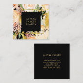 水彩開花|金ゴールドと桃のフローラが黒 スクエア名刺 (正面/裏面)