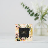 水彩開花|金ゴールドと桃のフローラが黒 スクエア名刺 (スタンド正面)