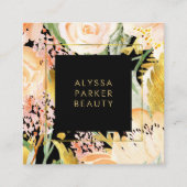 水彩開花|金ゴールドと桃のフローラが黒 スクエア名刺 (正面)