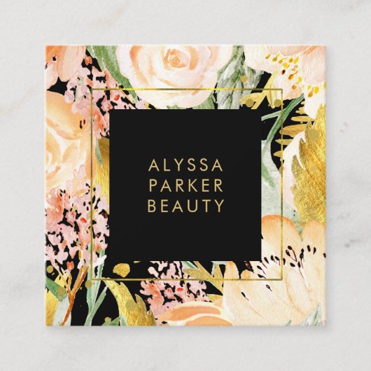 水彩開花|金ゴールドと桃のフローラが黒 スクエア名刺 (正面)