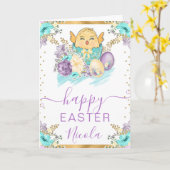 水彩雛と花のハッピーイースター カード (黄色い花)