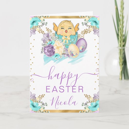 水彩雛と花のハッピーイースター カード (正面)