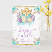 水彩雛と花のハッピーイースター カード (黄色い花)