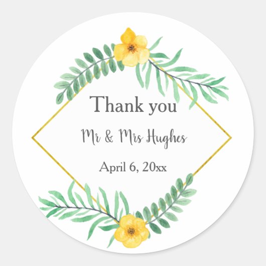 水彩離れの花と黄感謝してい花 ラウンドシール (正面)