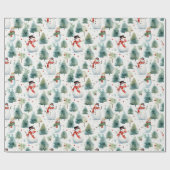 水彩雪だるまとクリスマスツリー ラッピングペーパー (フラット)