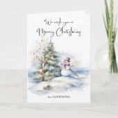 水彩雪だるまとメリークリスマスグリーティング カード (正面)