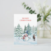 水彩雪だるまウサギとトナカイのクリスマス シーズンポストカード (スタンド正面)