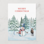 水彩雪だるまウサギとトナカイのクリスマス シーズンポストカード (正面)