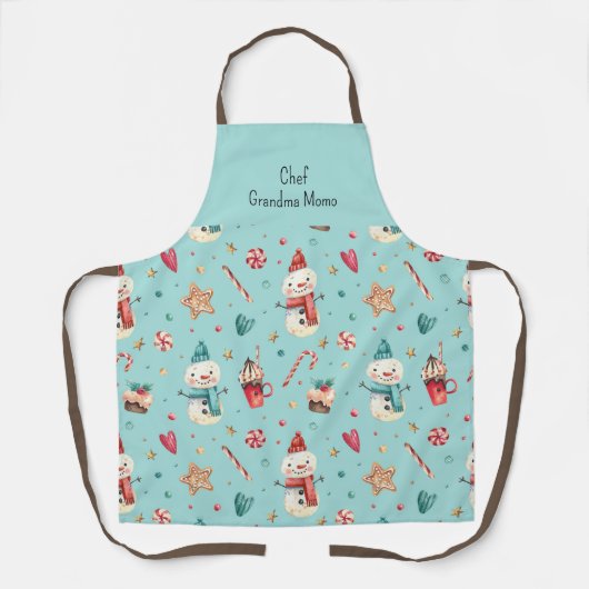 水彩雪だるまキャンディ&スイーツパターンホリデー エプロン (正面)