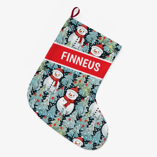 水彩雪だるまクリスマスパーソナライズされた ラージクリスマスストッキング (正面 (吊り時))
