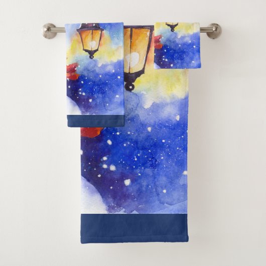 水彩雪だるまメリークリスマスニューイヤー夜 バスタオルセット (インサイチュ)