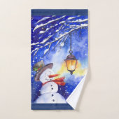 水彩雪だるまメリークリスマスニューイヤー夜 バスタオルセット (ハンドタオル)