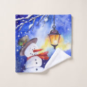 水彩雪だるまメリークリスマスニューイヤー夜 バスタオルセット (ウォッシュタオル)