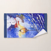 水彩雪だるまメリークリスマスニューイヤー夜 バスタオルセット (ハンドタオル)