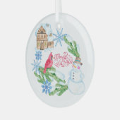 水彩雪だるま雪片メリークリスマス ガラスオーナメント (正面左)