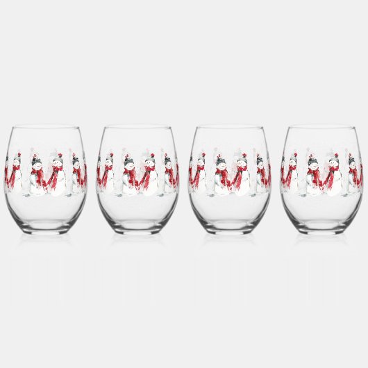 水彩雪だるま ステムなしワイングラス (正面)