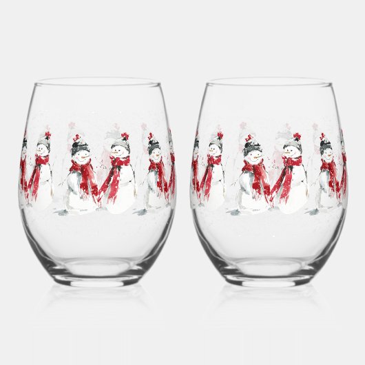 水彩雪だるま ステムなしワイングラス (正面)