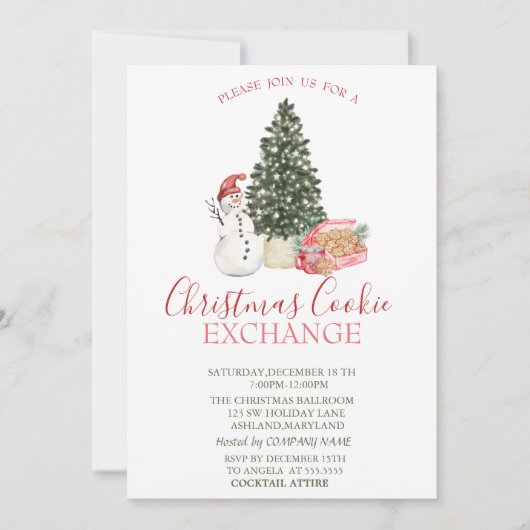 水彩雪だるま、松の木、クッキー クリスマス 招待状 (正面)