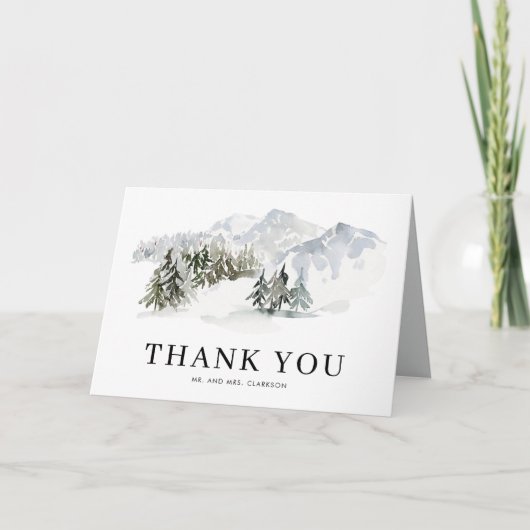 水彩雪に覆われた冬の森の林結婚地 サンキューカード (正面)