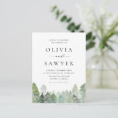 水彩雪のエバーグリーン冬の結婚式QRコード インビテーションポストカード (スタンド正面)
