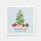 水彩雪のクリスマスツリーとギフト スタンダードカクテルナプキン (正面)